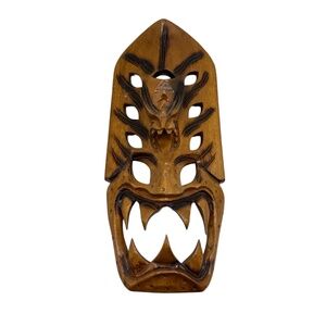 Vtg Hand Carved Dragon Wooden Mask Tribal Art Brown‎ Hawaiian Indo 14.5x7 Tiki